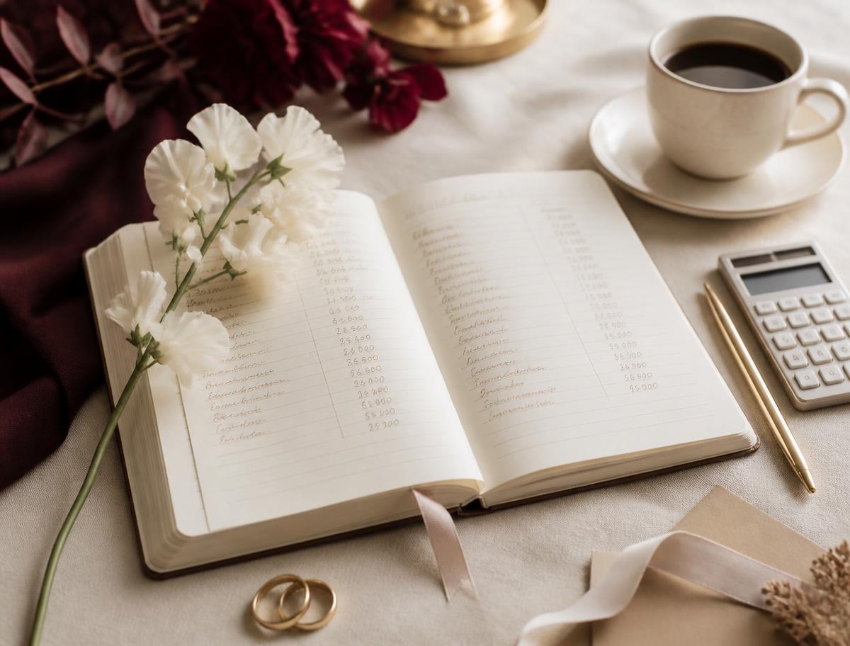 Libreta de presupuesto de boda con calculadora, anillos y flores